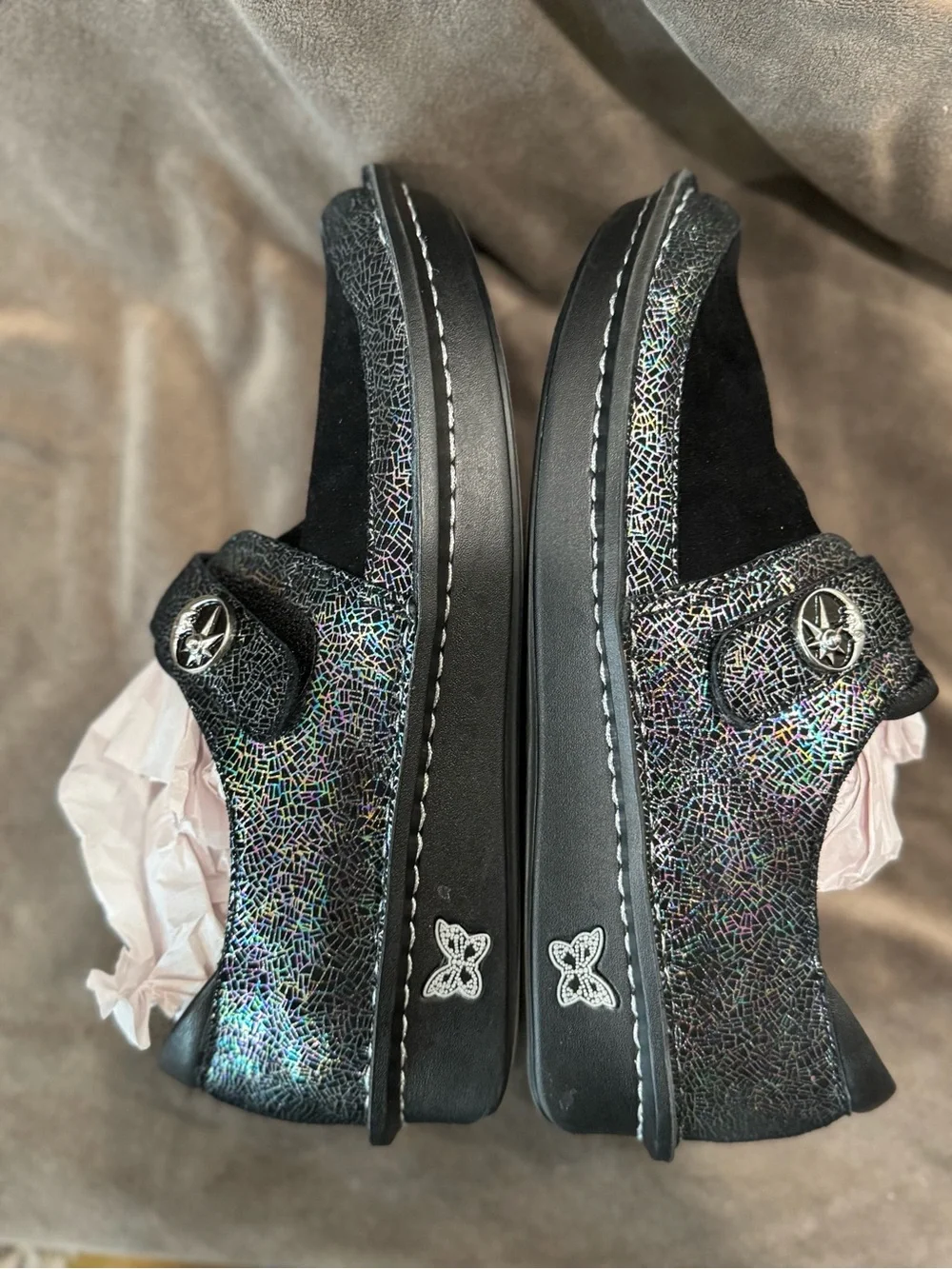 Alegria Black Suede Mary Jane Clogs with Sparkle Trim